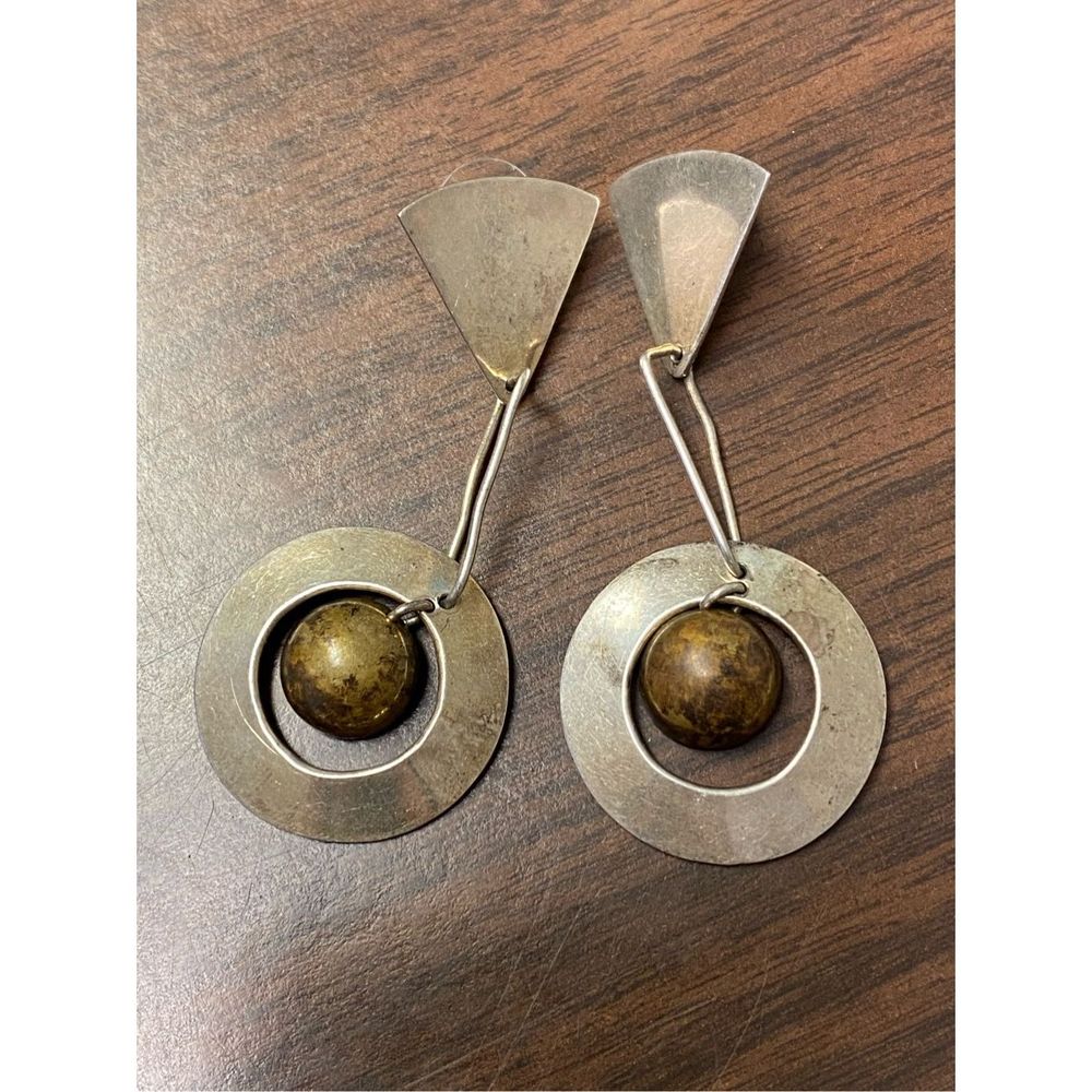 Taxco Silver-Toned Earrings with Brown Accent Beads